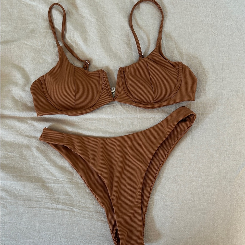 Brown Ribbed Bikini Set